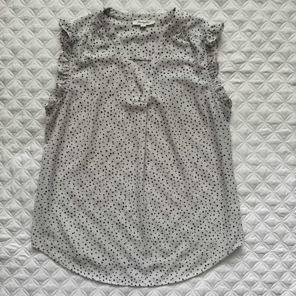 Monday Fun Tops - Monday Fun White Black Polka Dot Sleeveless Top V Neck Ruffle Arm Size Medium